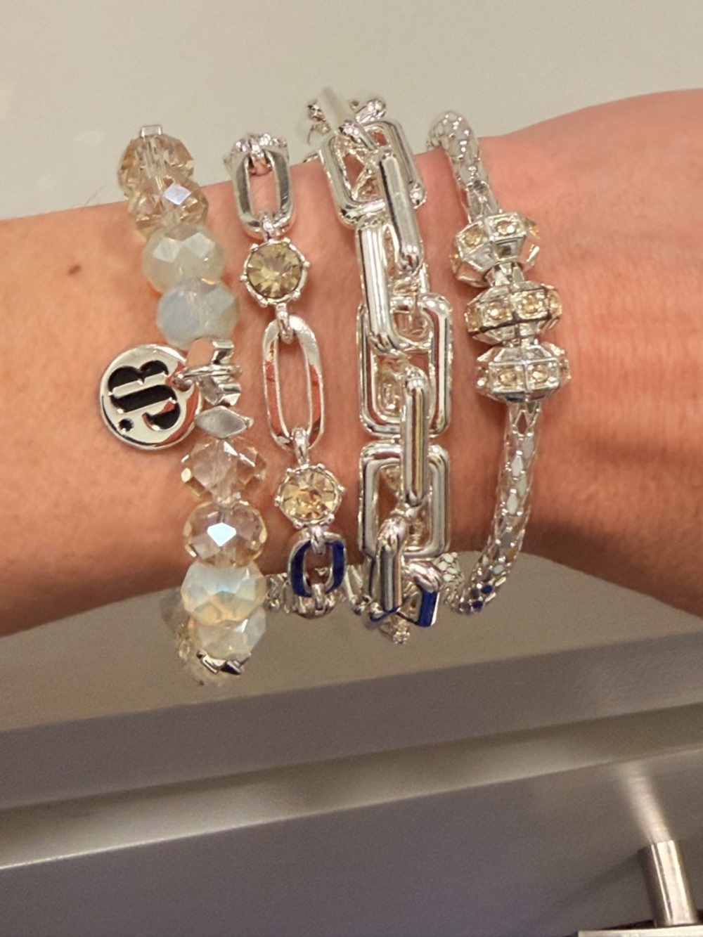 BOMB PARTY!! Silver-Tone Beaded & Chain Bracelet Stack with Champagne Beads - Picture 2 of 10